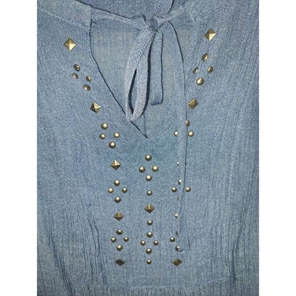 Liz Claiborne Womens Blue Beaded Studded XL Tie Neck Blouse Boho Peasant - Picture 6 of 6